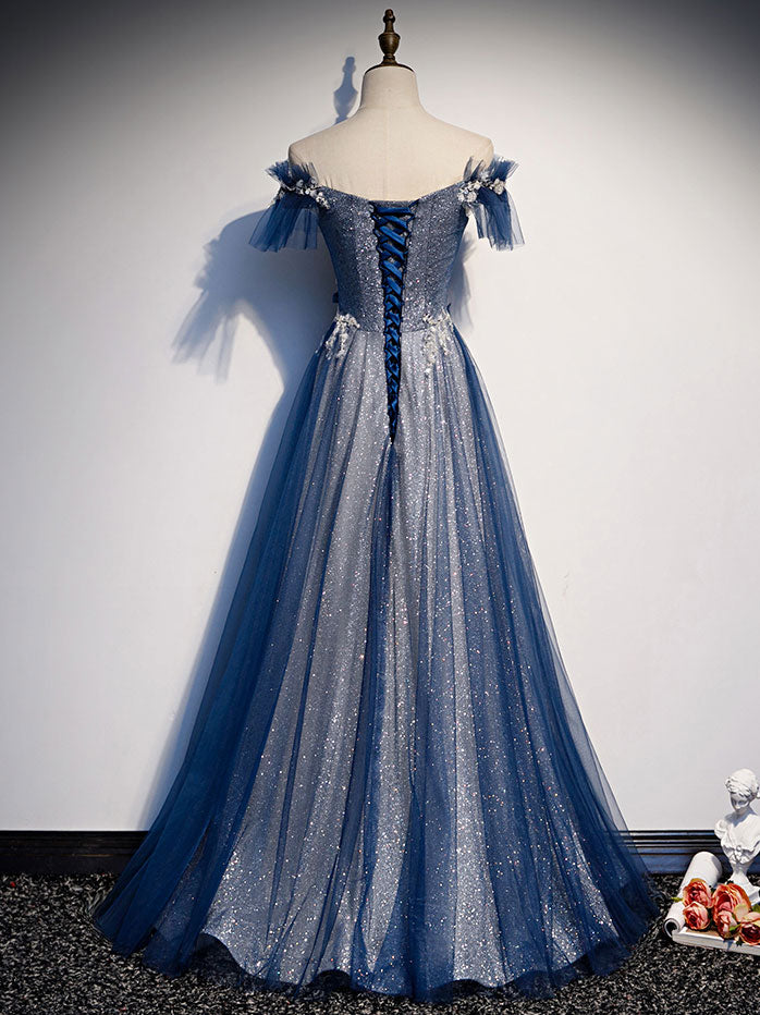 Blue Tulle Lace Long Prom Dress for Women Bridesmaids
