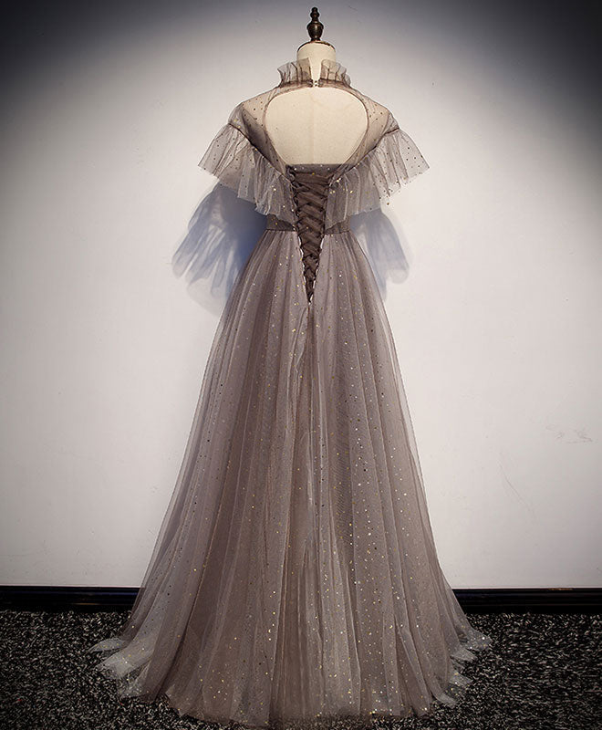 Unique Tulle Long Prom Dress Evening Gown For Women Gray