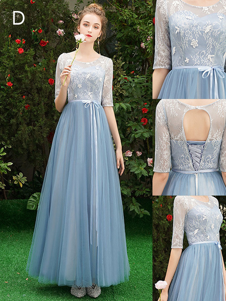 Elegant Blue Lace A-Line Floor-Length Prom Dress with Built-In Bra