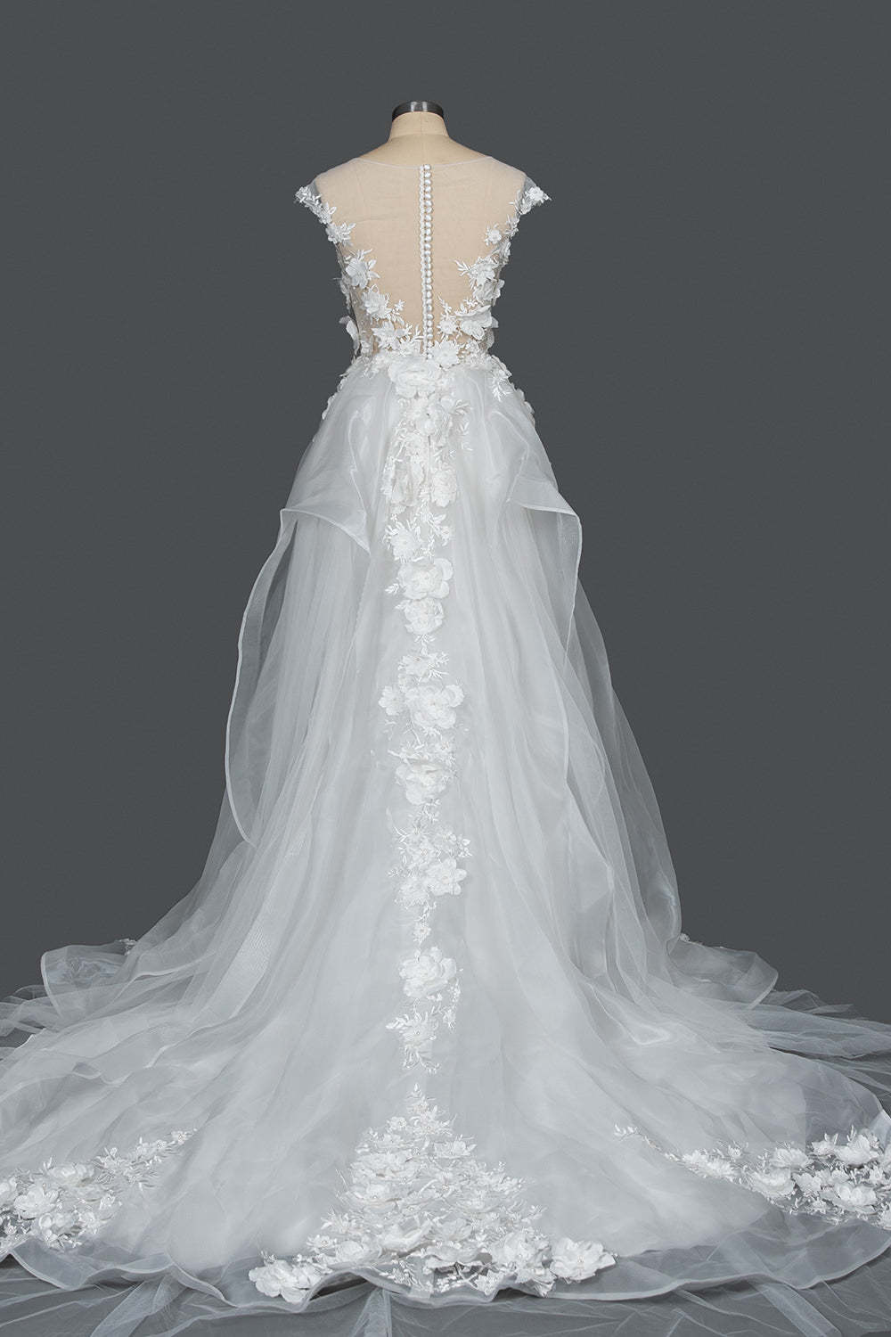 Cap Sleeve Jewel Neck Ball Gown Wedding Dress Floral Appliques