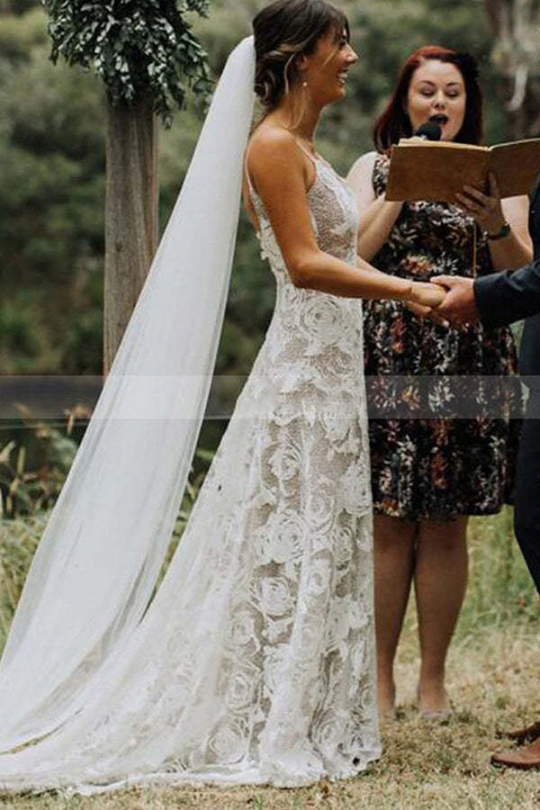 Charming Spaghetti Strap Backless A-Line Wedding Dress with Lace, Elegant Bridal Gown