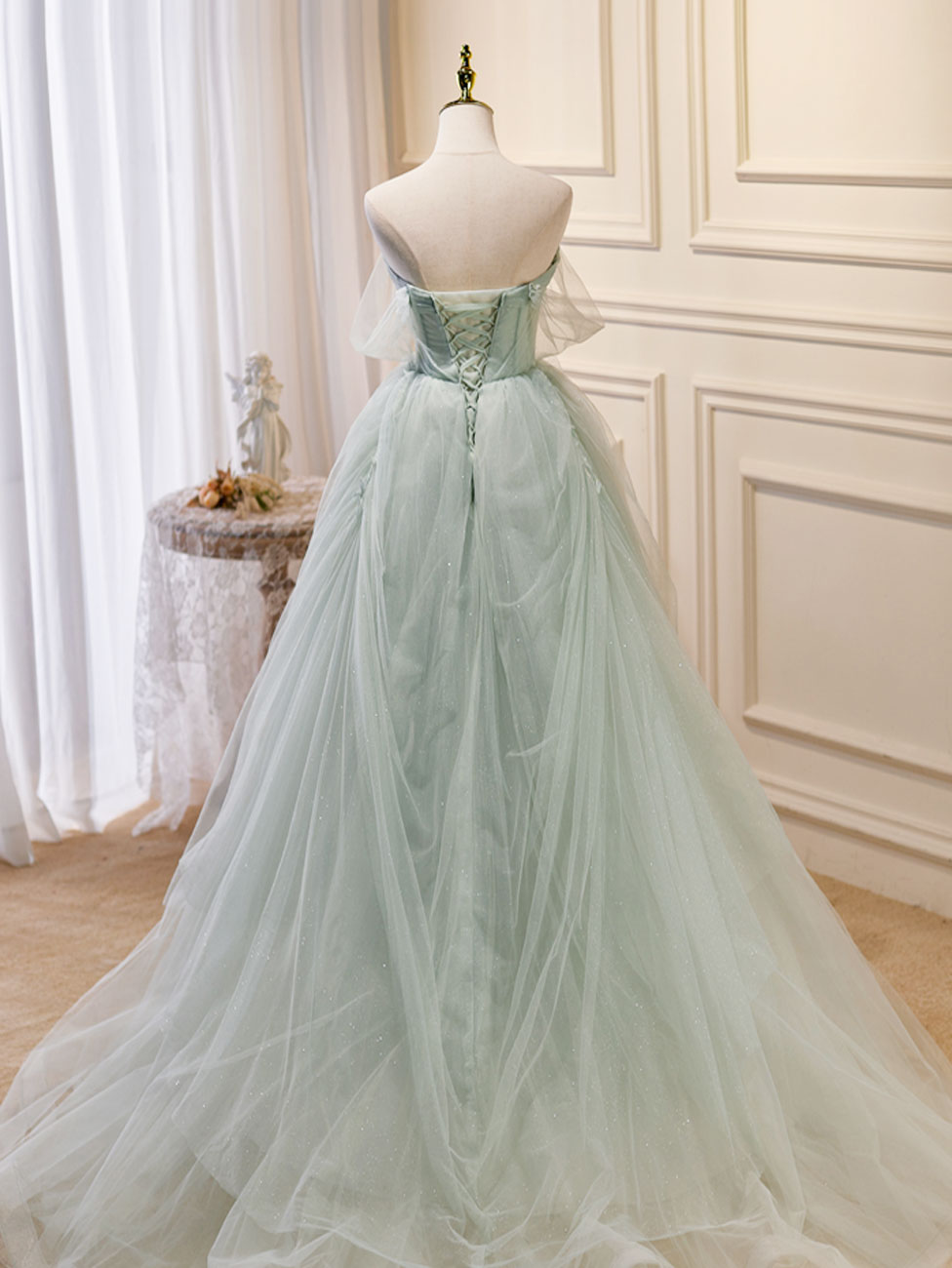 A-Line Off Shoulder Tulle Green Long Prom Dresses with Beading Details