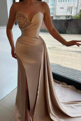 Elegant Strapless Satin Prom Gown with Pearl Embellishments and Front Slit
