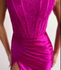Fuchsia Bateau Sleeveless Prom Dress with Appliques and Slit for Special Occasions