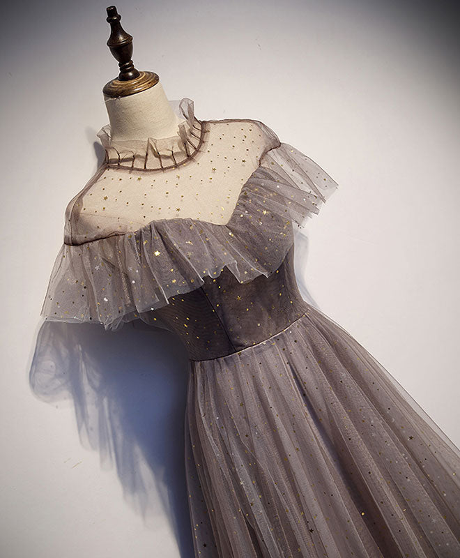 Unique Tulle Long Prom Dress Evening Gown For Women Gray