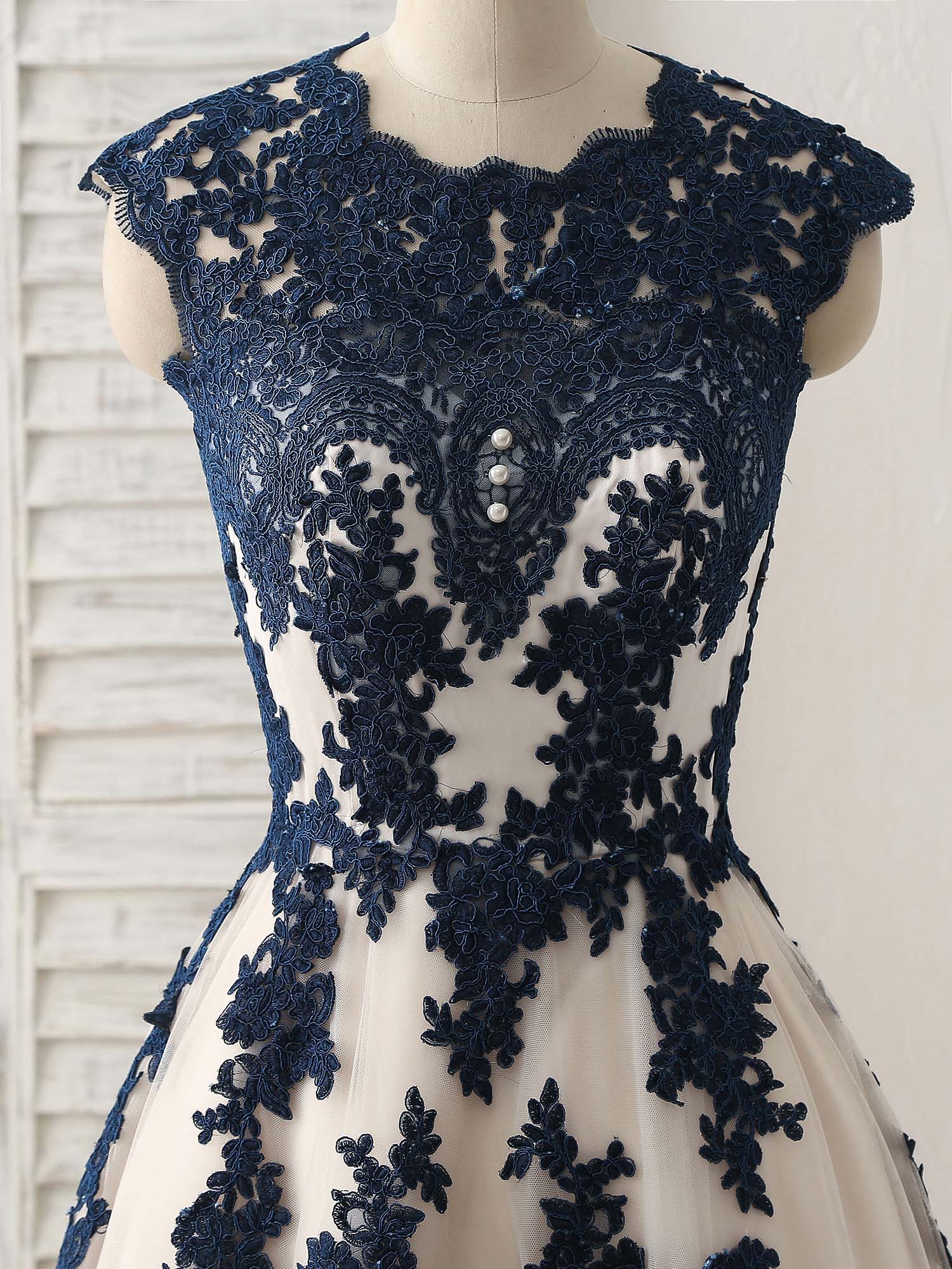 Elegant Dark Blue Lace Applique Tulle Long Prom Dress for Bridesmaids