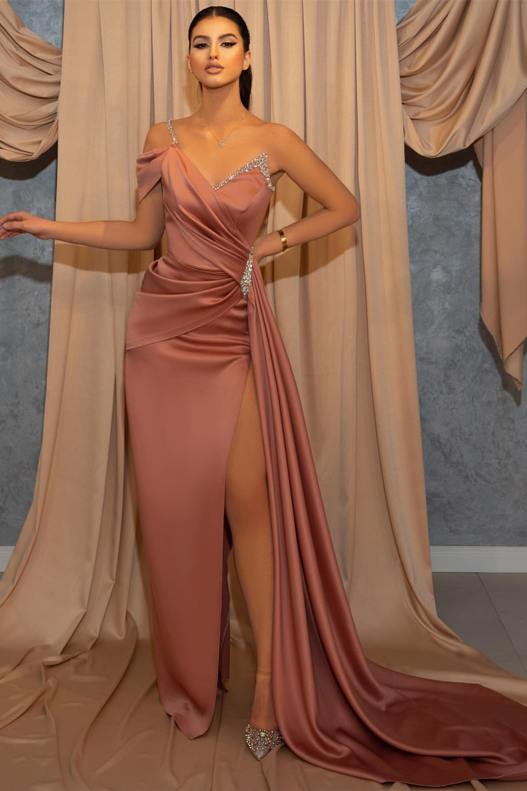 Elegant One-Shoulder Beaded Mermaid Prom Dress with Ruffle and Slit