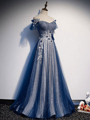 Blue Tulle Lace Long Prom Dress for Women Bridesmaids
