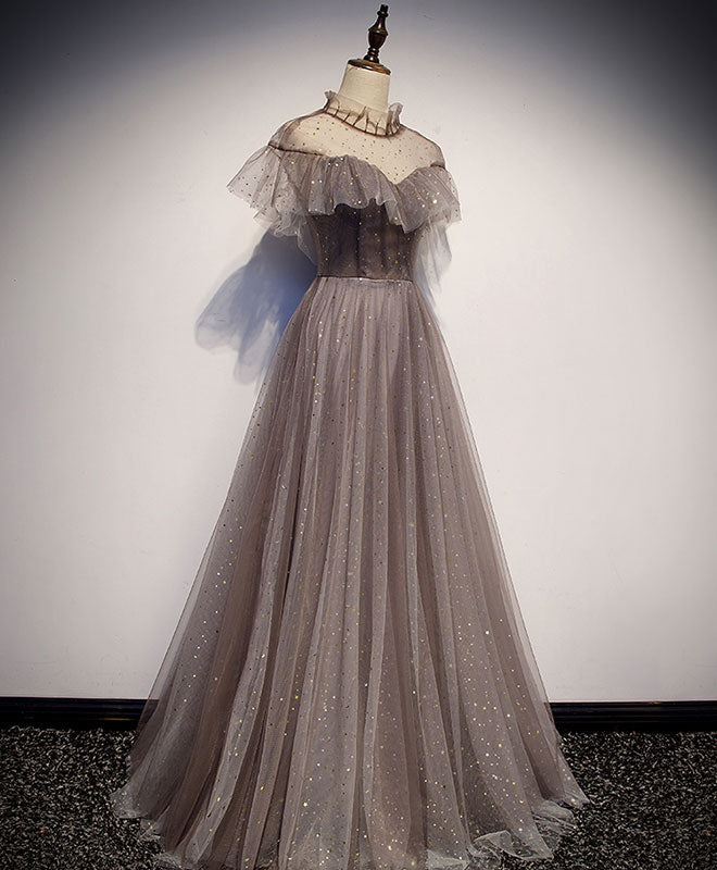 Unique Tulle Long Prom Dress Evening Gown For Women Gray
