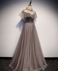 Unique Tulle Long Prom Dress Evening Gown For Women Gray