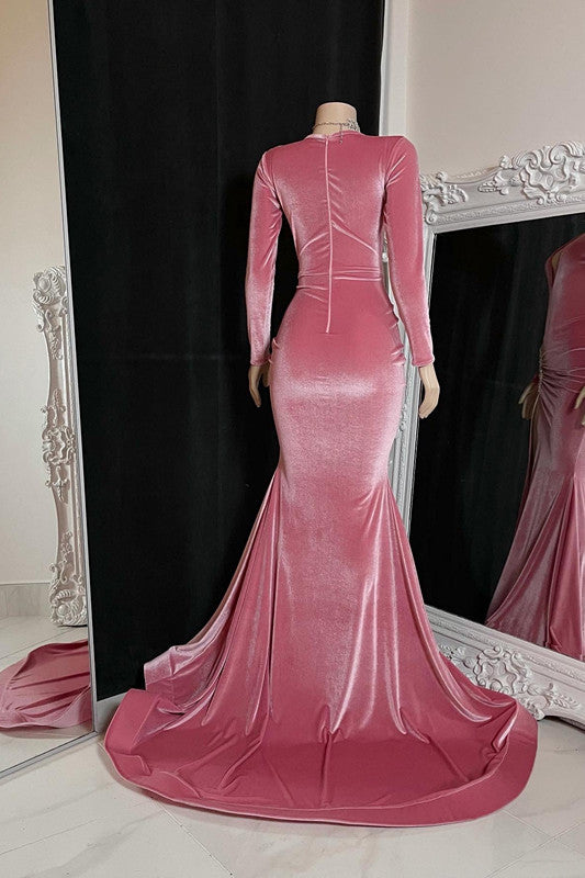 Elegant Red Long-Sleeve Prom Gown with High Slit and Pleated Details