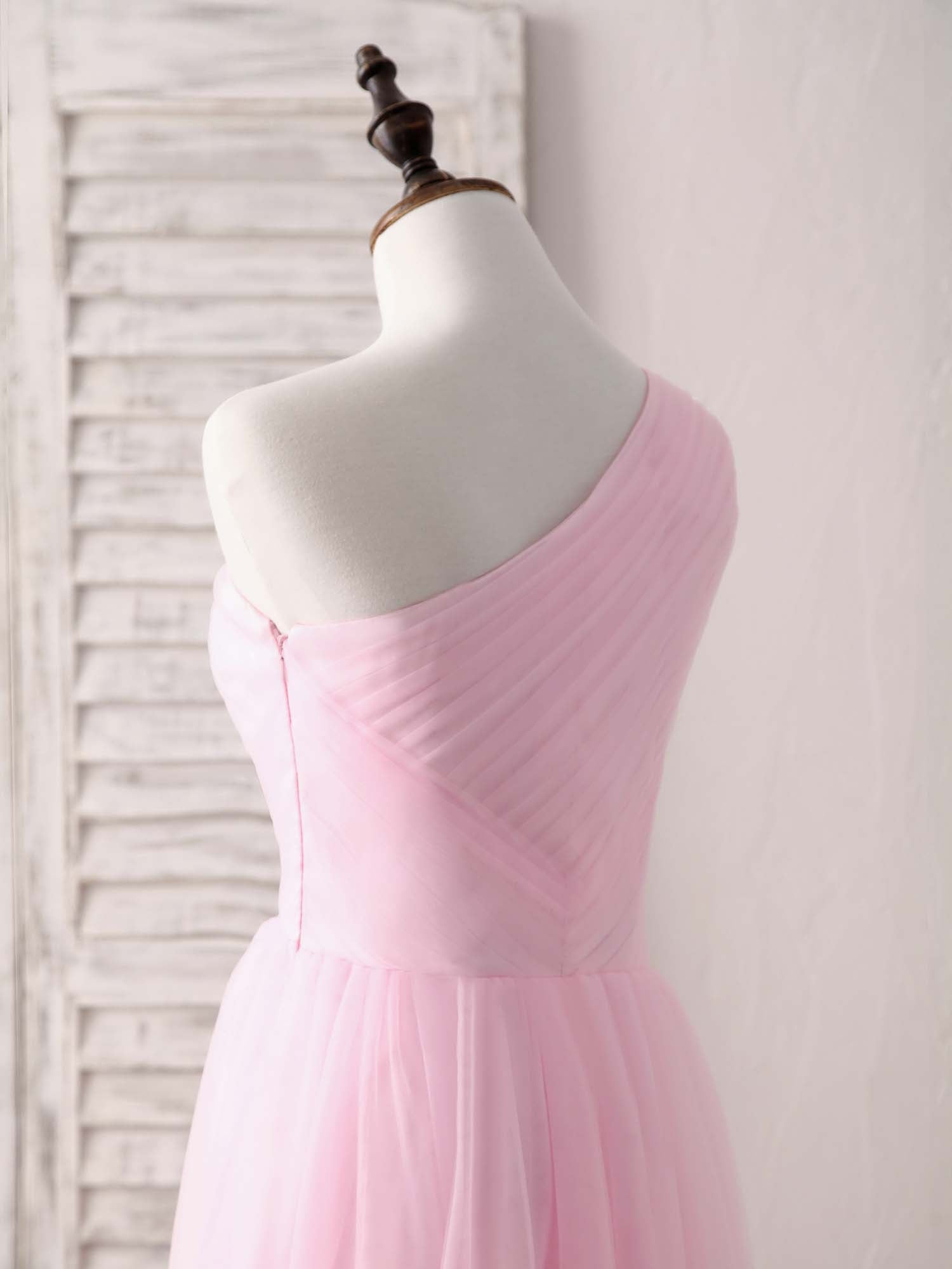 Elegant Pink Tulle One-Shoulder Long Prom Gown - Perfect Bridesmaid Dress