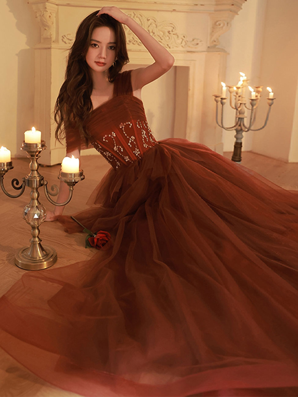 Elegant Burgundy One-Shoulder Tulle A-Line Floor-Length Prom Dress with Sequin Beading