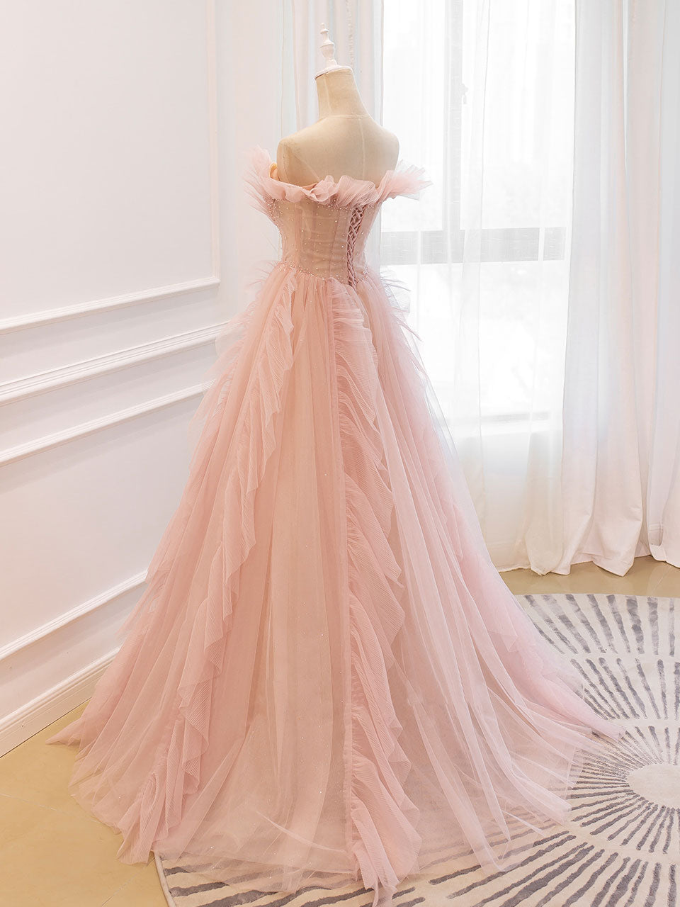 Pink Off Shoulder Tulle Prom Dress for Women's Evening Wear