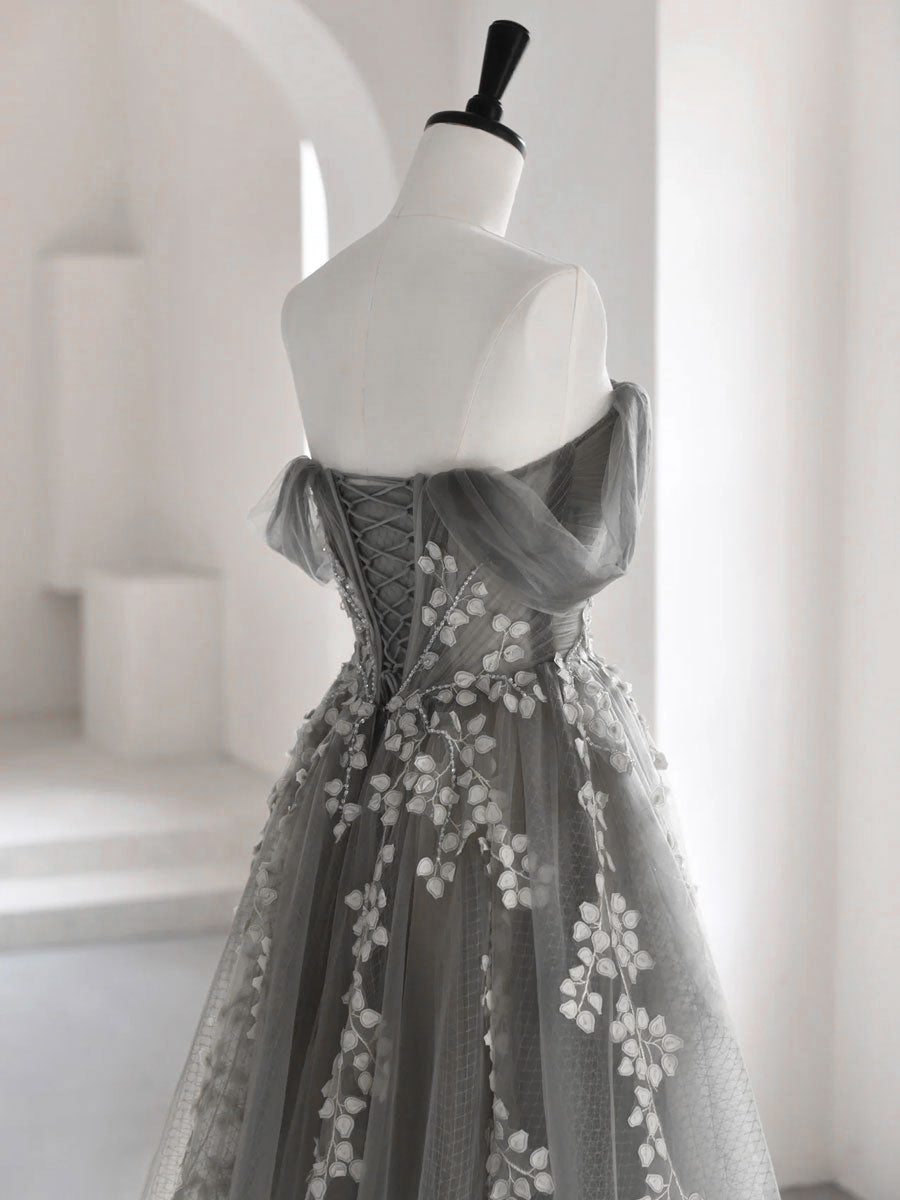 Gray Sweetheart Neck A-Line Lace Long Prom Dress Evening Gown