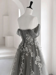 Gray Sweetheart Neck A-Line Lace Long Prom Dress Evening Gown