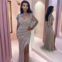 Sequin Long Sleeve V-Neck High Slit Prom Dresses for Women Online