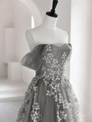 Gray Sweetheart Neck A-Line Lace Long Prom Dress Evening Gown