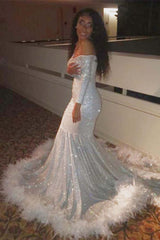 Off-the-Shoulder Sequin Mermaid Prom Dress with Feathery Long Sleeves