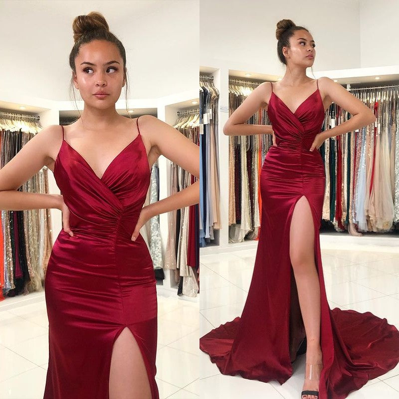 Burgundy Spaghetti Strap Prom Dress with Slit Elegant Formal Gown
