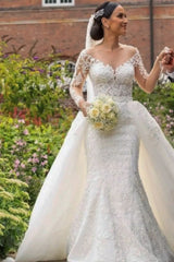 Elegant Mermaid Off-Shoulder Lace Wedding Gown with Long Sleeves and Watteau Train