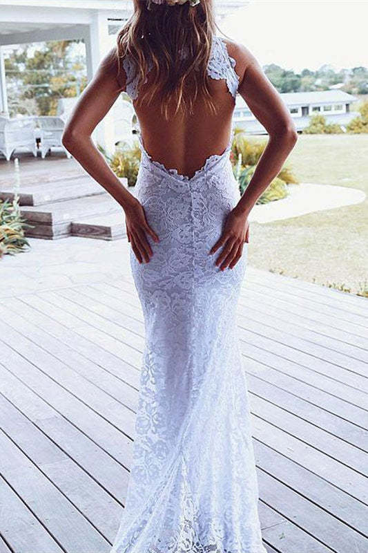High Neck Lace Summer Beach Wedding Dress with Train