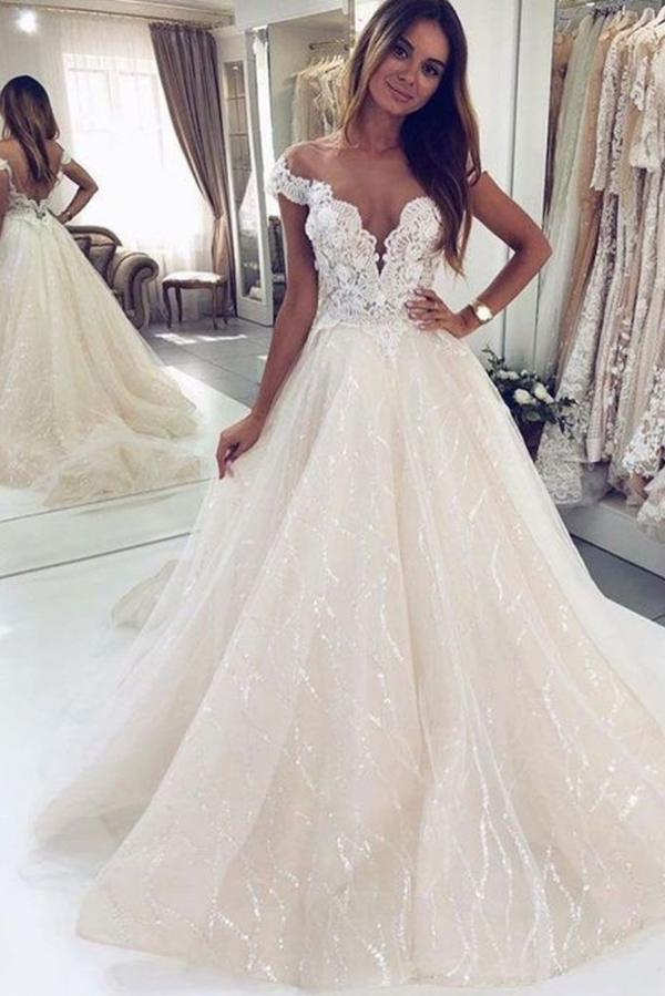 Elegant A-Line Tulle Off-Shoulder Wedding Gown with Open Back Design