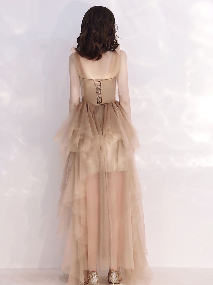 Elegant Champagne Tulle Long Evening Prom Dress with Flowing Silhouette