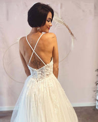 Lace Deep V-Neck Spaghetti Strap Backless A-Line Wedding Dress