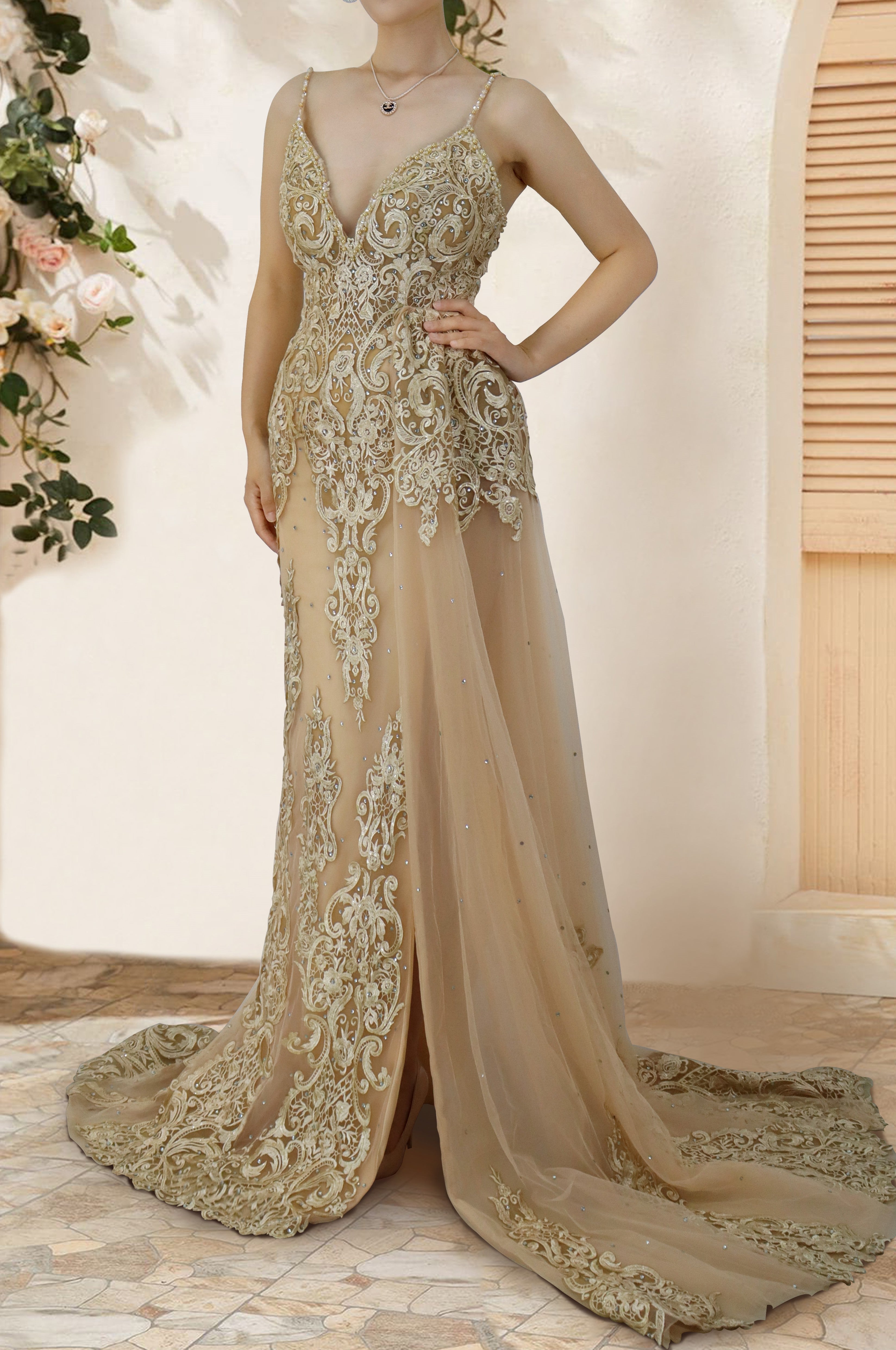 Boho Beach Spaghetti Strap Sleeveless Long Prom Dress with Appliques