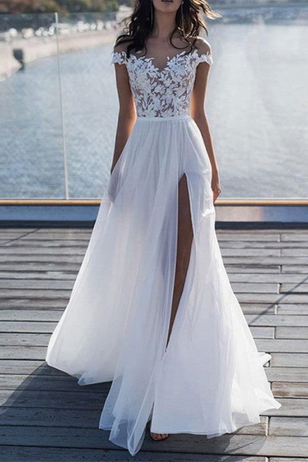 Short Sleeve Applique Wedding Dress with High Split Tulle Skirt