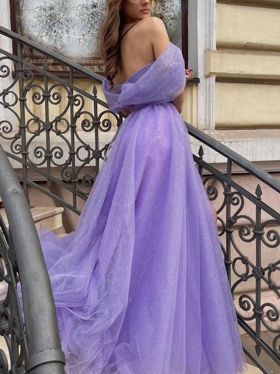 Beautiful Purple Off Shoulder Tulle Long Prom Evening Dress