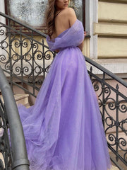 Beautiful Purple Off Shoulder Tulle Long Prom Evening Dress
