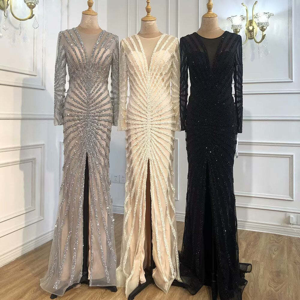 Stunning Black Sequin Long Sleeve Mermaid V Neck Prom Dress