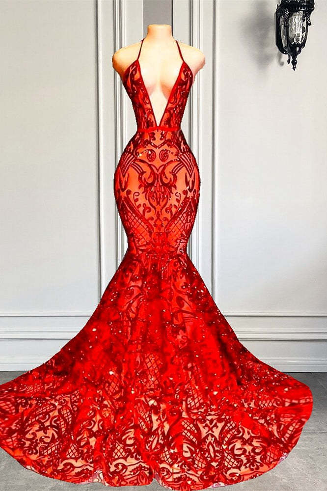 Stunning Red Halter Mermaid Prom Dress with Sequins and Lace, Elegant Evening Gown