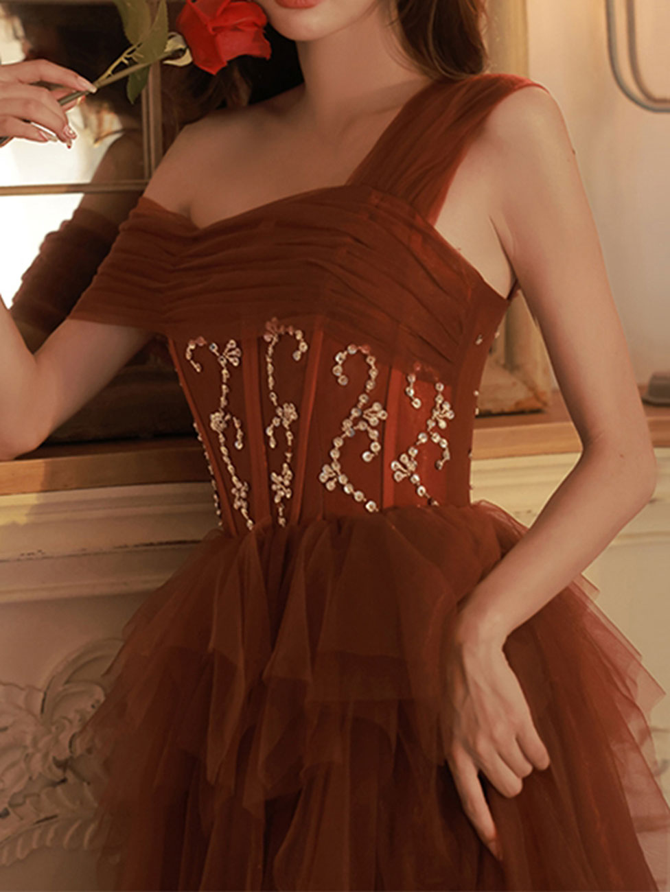 Elegant Burgundy One-Shoulder Tulle A-Line Floor-Length Prom Dress with Sequin Beading