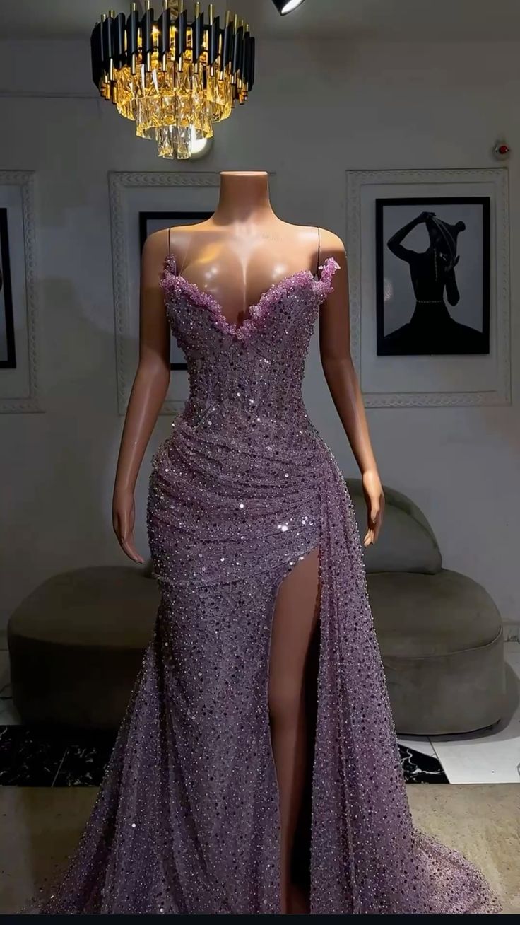 Light Purple Beaded High Split Evening Mermaid Prom Wedding Dresses