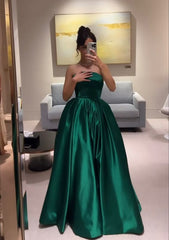 Green Strapless Satin A-Line Prom Dress Evening Party Gown