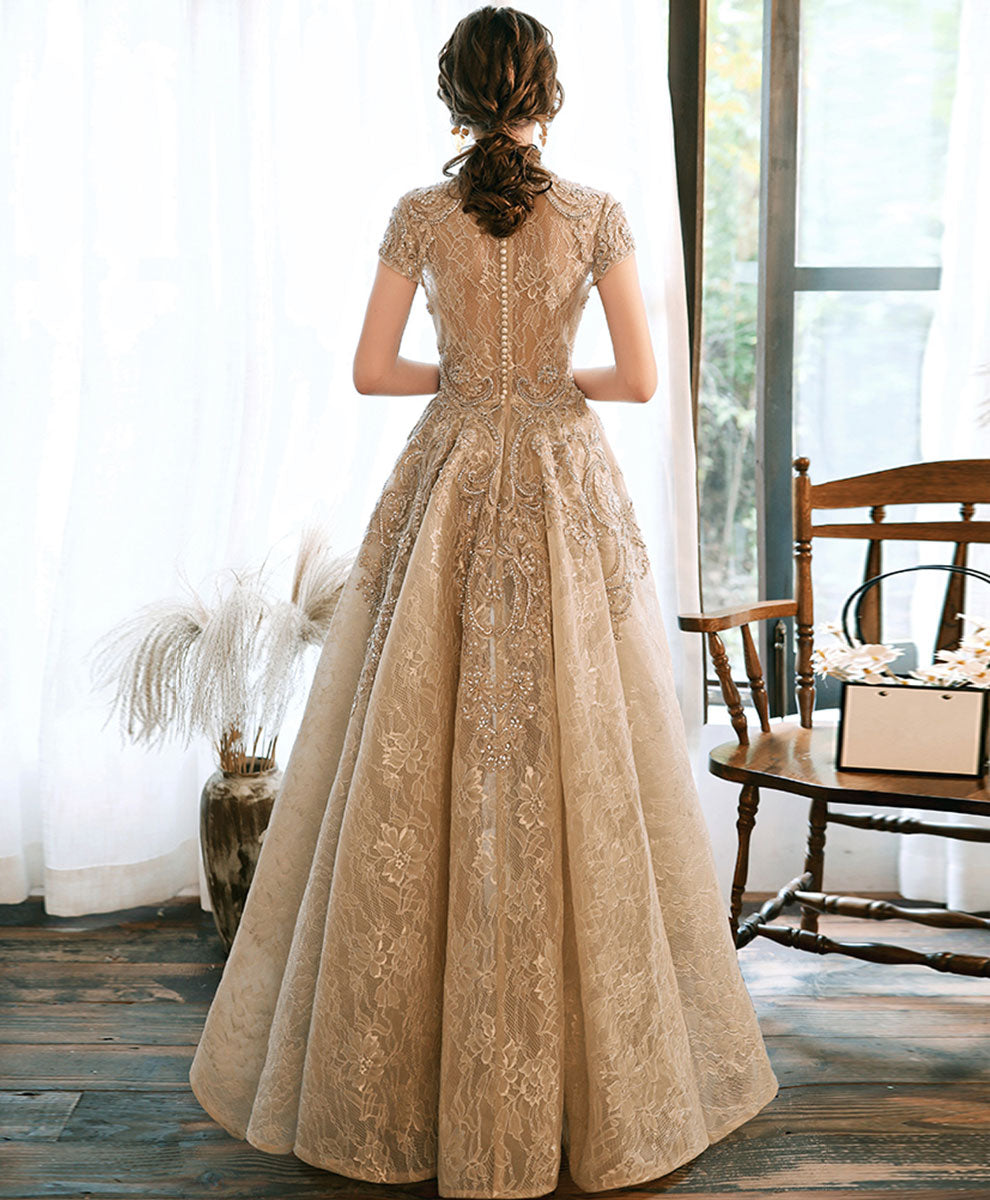 Champagne High Neck Lace Formal Prom Dress Champagne High Neck Lace Formal Prom Dress