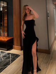 Black Strapless Satin Prom Evening Gown with Built-In Bra