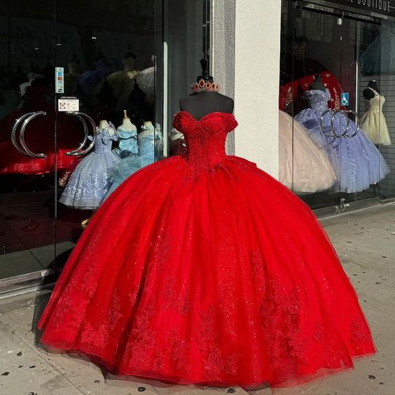 Red Tulle Ball Gown with Lace Appliques and Beaded Bow