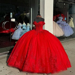 Red Tulle Ball Gown with Lace Appliques and Beaded Bow
