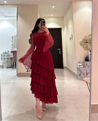 Women's Ankle-Length Sequin O-Neck Tiered Burgundy Evening Gown