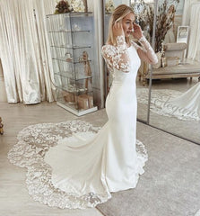 Chapel-Length Petal Train Low Back Satin Wedding Dress Long Sleeves