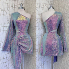 One-Shoulder Sequin Homecoming Dress with Single Long Sleeve