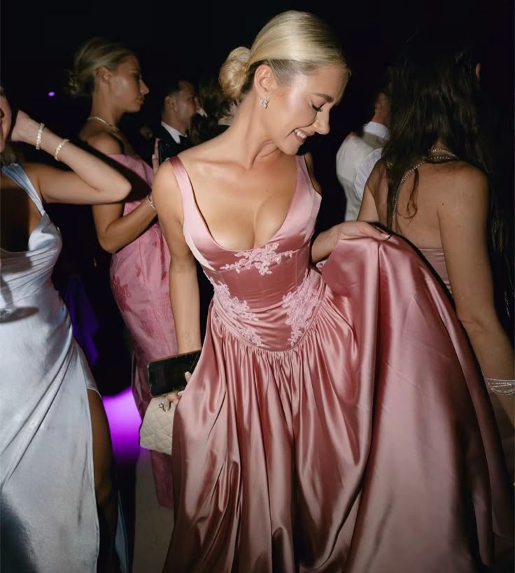 Floor-Length Satin A-Line Pink Evening Gown with Built-In Bra