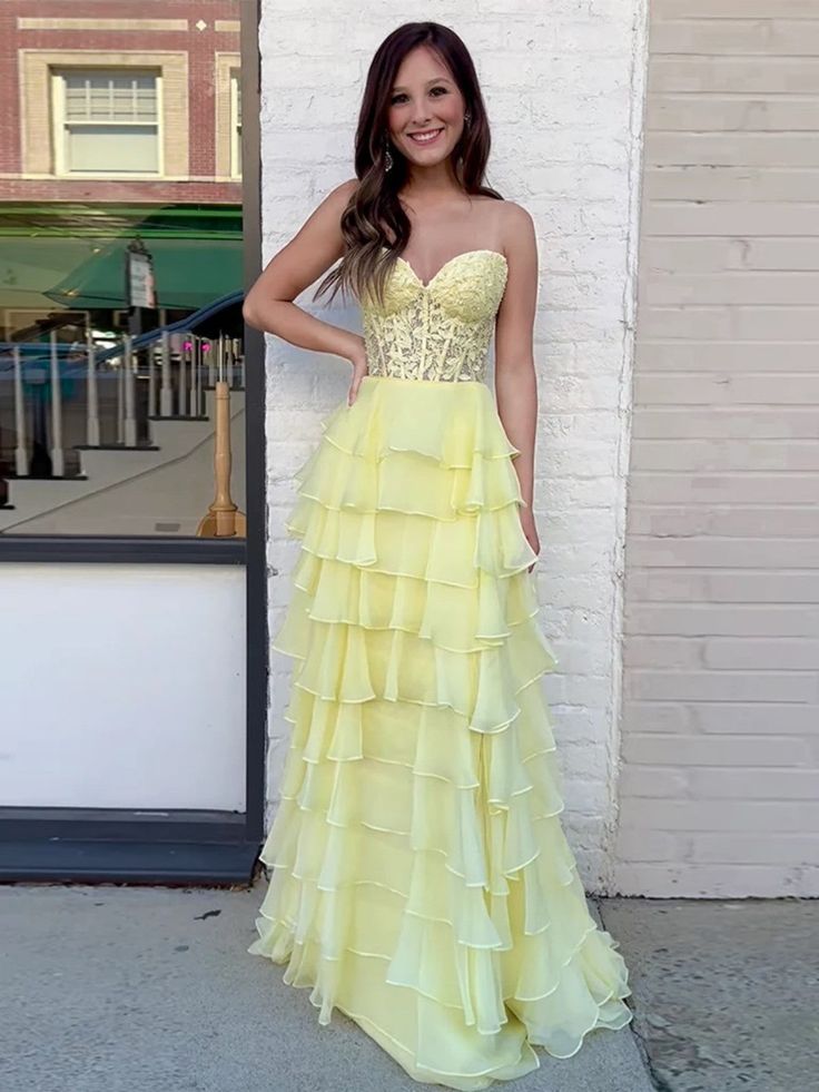 Strapless Layered Yellow Lace-Top Chiffon Prom Evening Gown