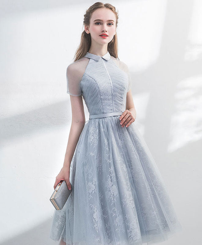 Unique Gray Tulle Lace Short Prom Dress Evening Gown