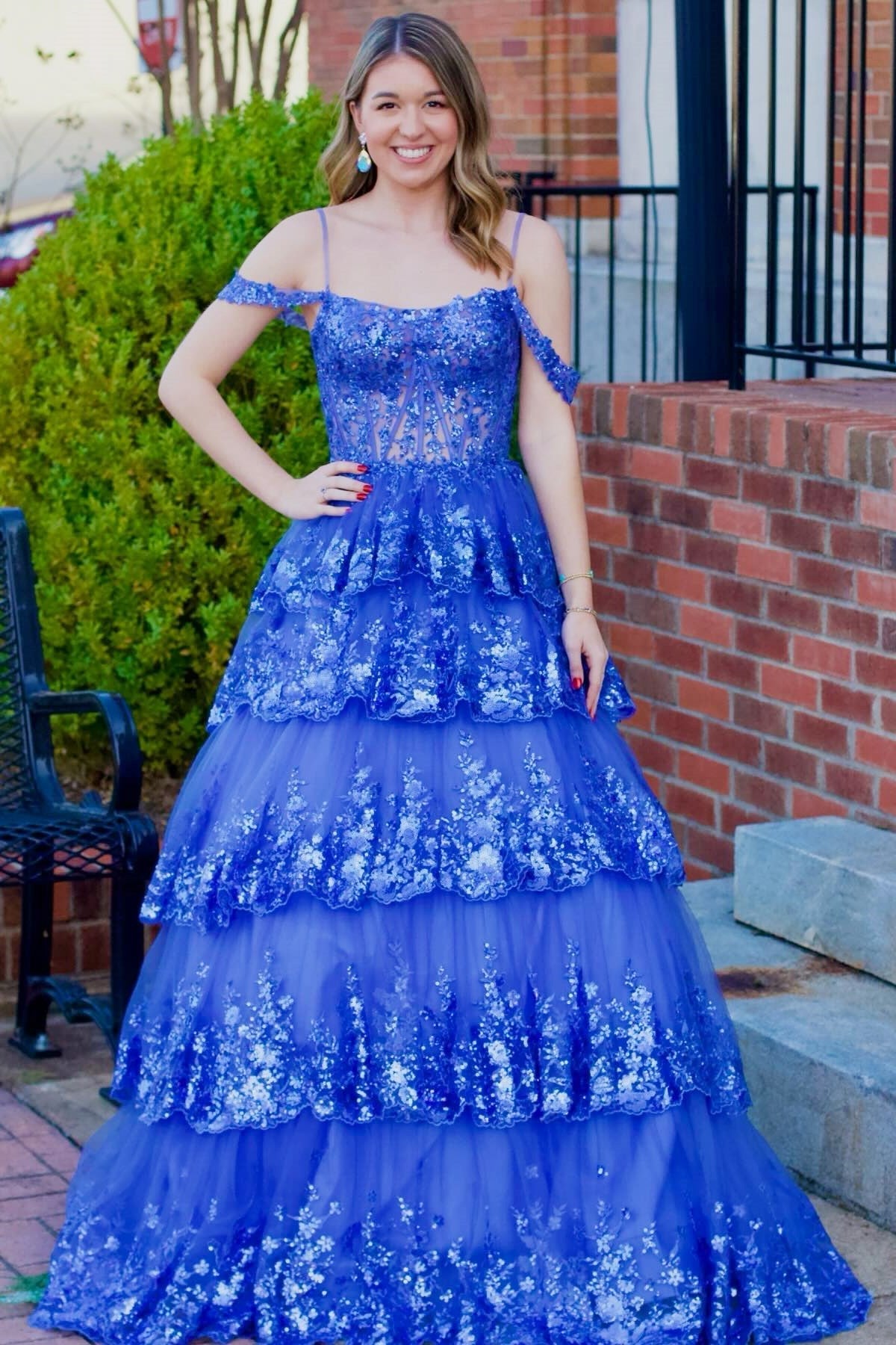 Tulle Sequin Lace Cold-Shoulder Ruffle Tiered Long Prom Dress Tulle Sequin Lace Cold-Shoulder Ruffle Tiered Long Prom Dress