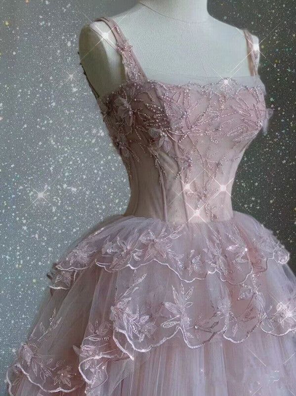 Pink Tulle Ball Gown Strap Prom Dresses For Women Birthday Outfit